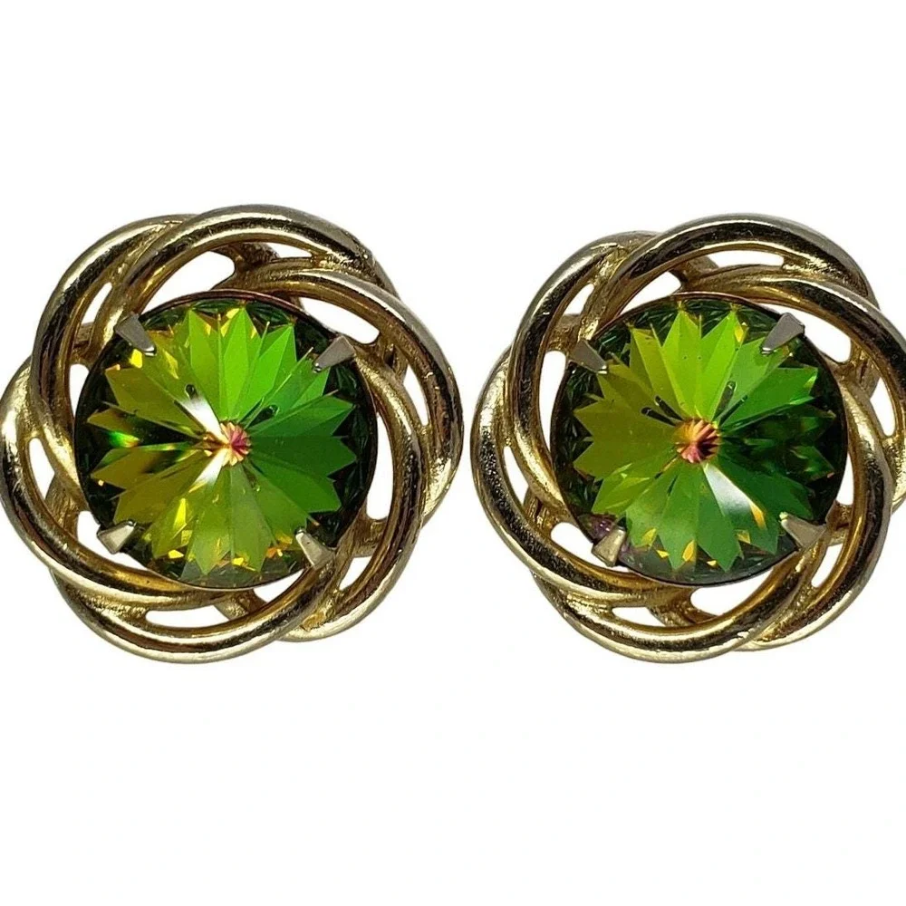 Green Watermelon Rivoli Cufflinks Gold Tone Twisted Vintage Dante Mens 1960s MCM